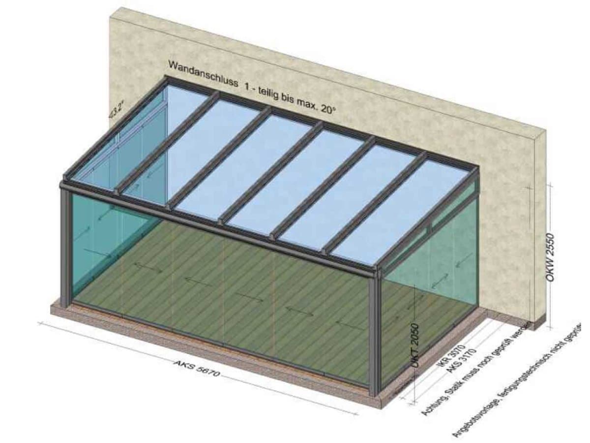 Planungszeichnung eines Wintergartens mit 6 × 3 Metern in Weiß mit Verbundsicherheitsglas am Dach