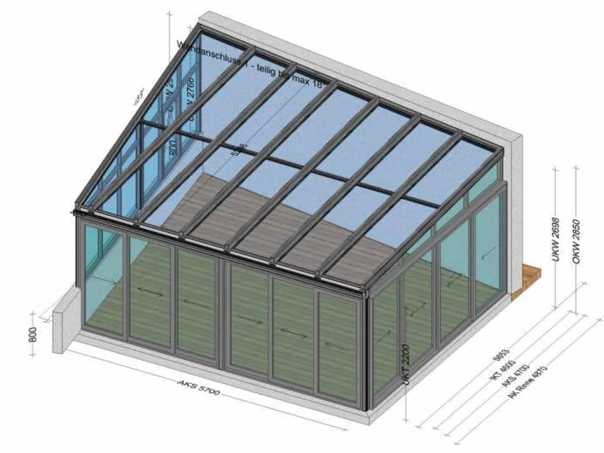 Planungszeichnung eines Aluminium-Wintergartens als Sonderanfertigung mit Glasdach und verglaster Front für ein Haus in Regau bei Vöcklabruck