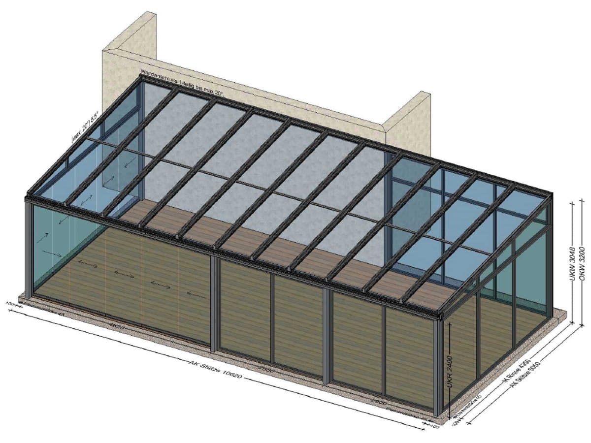 Planungszeichnung eines Aluminium-Wintergartens mit Glasdach für ein Haus in Sierning bei Steyr