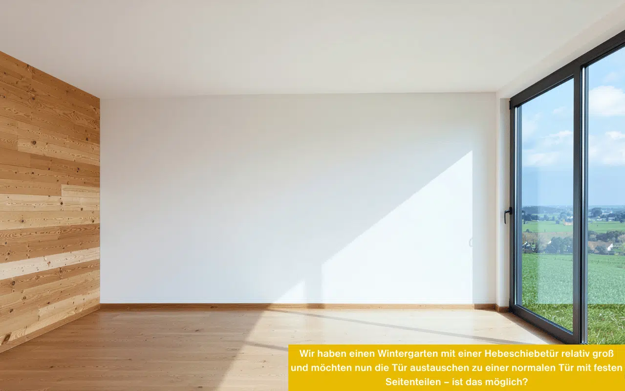 Ein lichtdurchfluteter, leerer Raum mit Parkett, einer Holzfassaden-Wand und einer großen Glas-Hebeschiebetür ins Grüne.