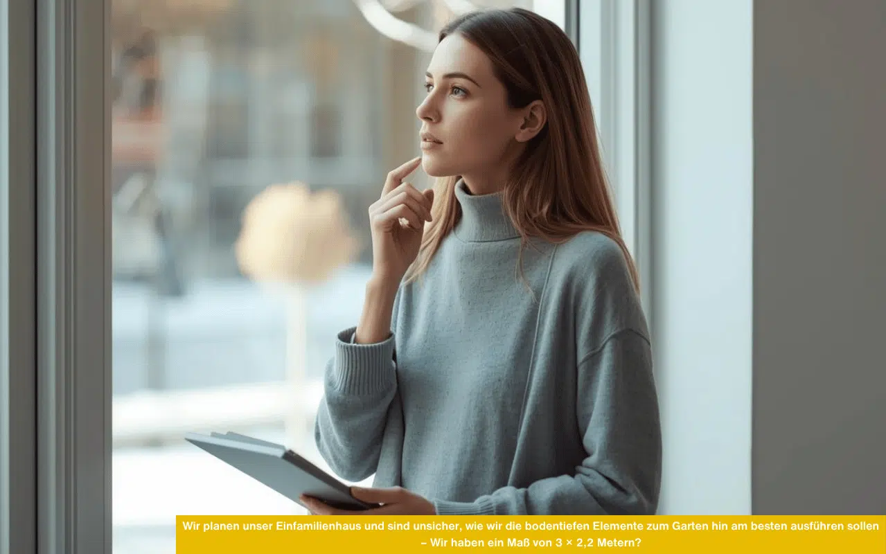 Wir planen unser Einfamilienhaus und sind unsicher wie wir die bodentiefen Elemente zum Garten hin am besten ausführen sollen Frau blickt nachdenklich aus Fenster