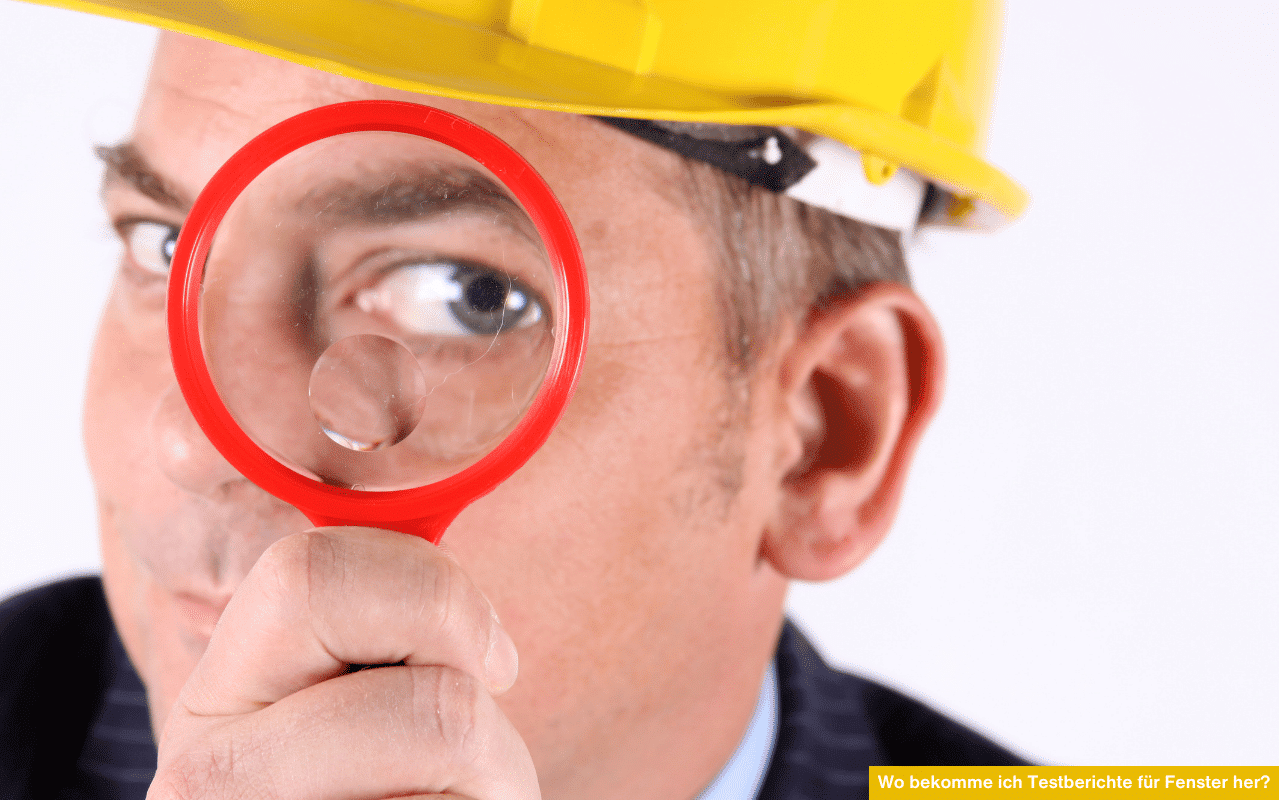 Das Bild zeigt eine Person mit Schutzhelm, die durch eine Lupe schaut - ein Symbol für sorgfältige Analyse und Kontrolle von Produktdaten, wie sie bei Fenster-Testberichten üblich ist.