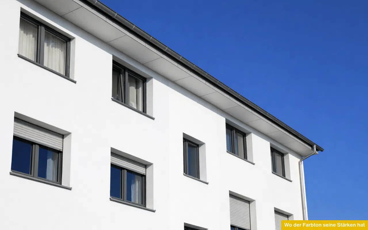 Wo der Farbton seine Stärken hat Moderne Fassade mit weißen Flächen und Fenstern in Mausgrau unter blauem Himmel