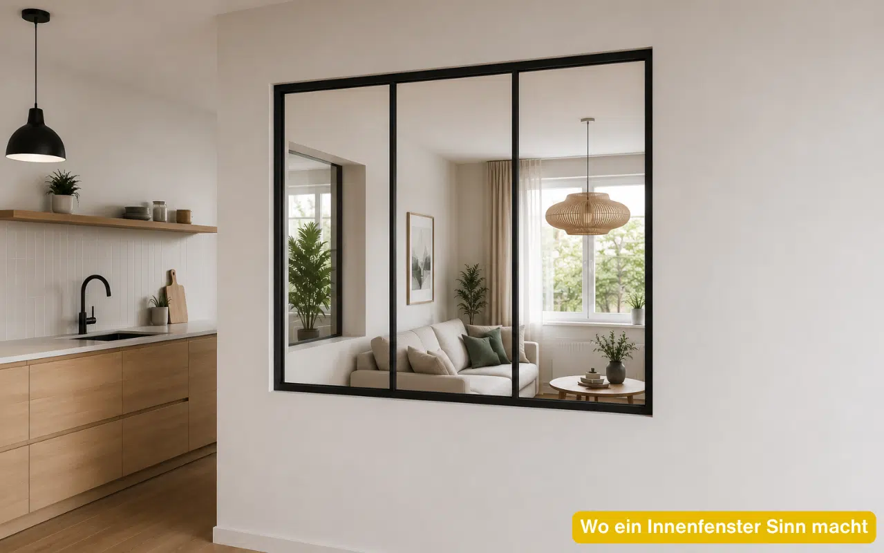 Wo ein Innenfenster Sinn macht zeigt das dreigeteilte Fenster mit schwarzem Rahmen zwischen moderner Küche und Wohnzimmer.