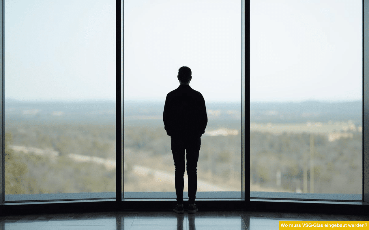 Wo muss VSG-Glas eingebaut werden zeigt Person vor bodentiefer Glasfront mit weitem Ausblick und sicherem Verbundsicherheitsglas