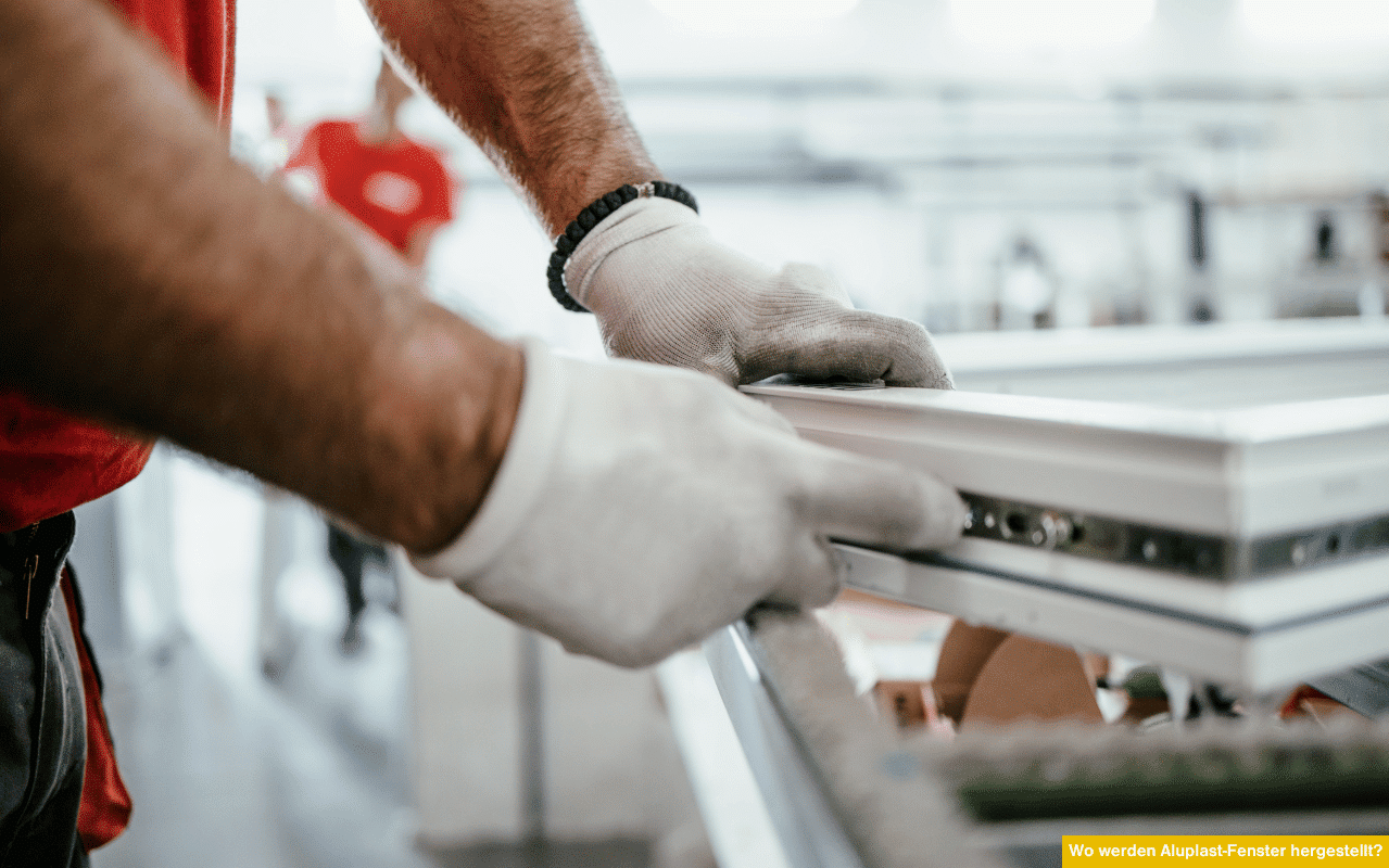 Wo werden Aluplast-Fenster hergestellt? Detailaufnahme einer Fensterproduktion mit Handschuhen bei der Verarbeitung eines Kunststoffrahmens.