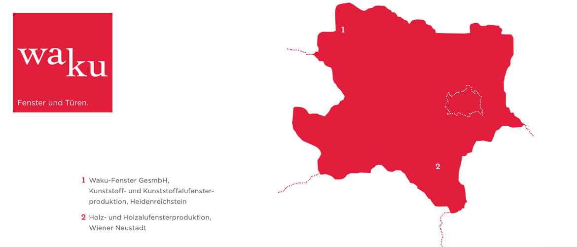Infografik der WAKU Fensterproduktion in Heidenreichstein, Niederösterreich, zeigt Herkunft unserer Qualitätsfenster.