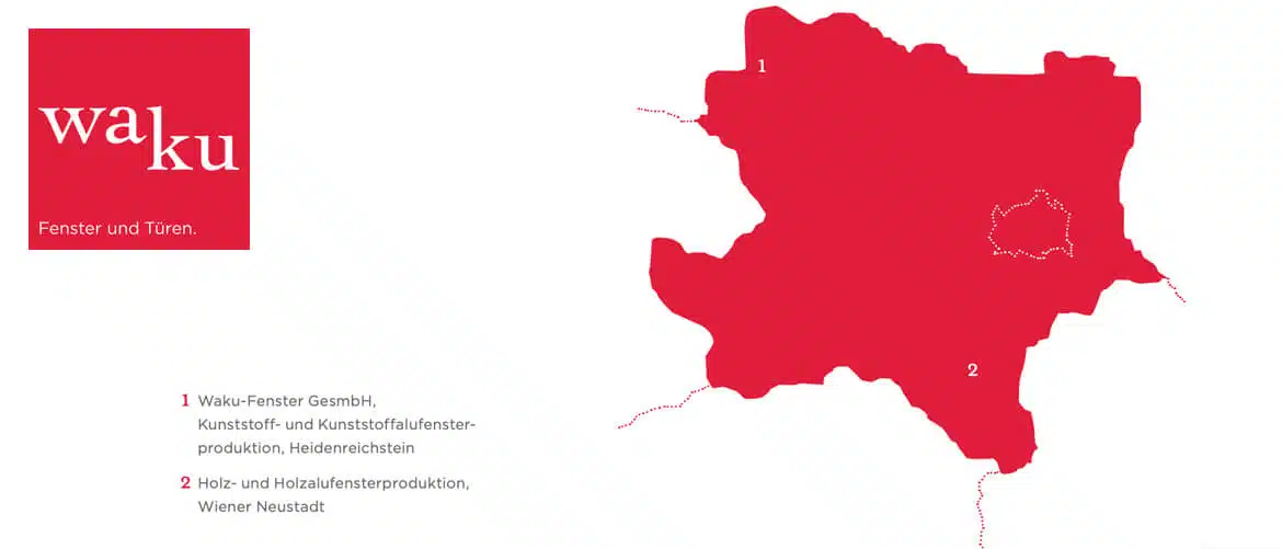 Infografik der WAKU Fensterproduktion in Heidenreichstein, Niederösterreich, zeigt Herkunft unserer Qualitätsfenster.