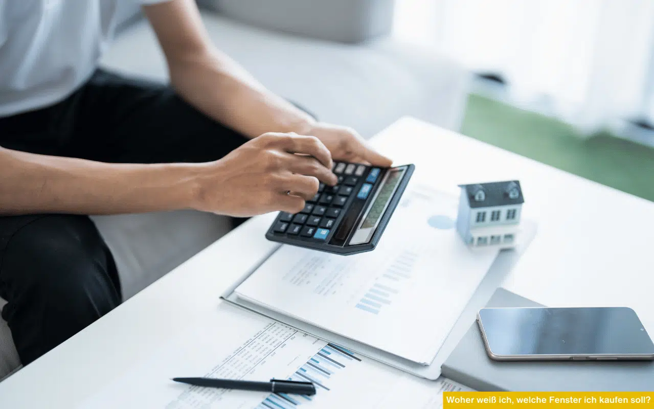 Woher weiß ich, welche Fenster ich kaufen soll? Person vergleicht Zahlen und Unterlagen mit Taschenrechner zur Fensterplanung