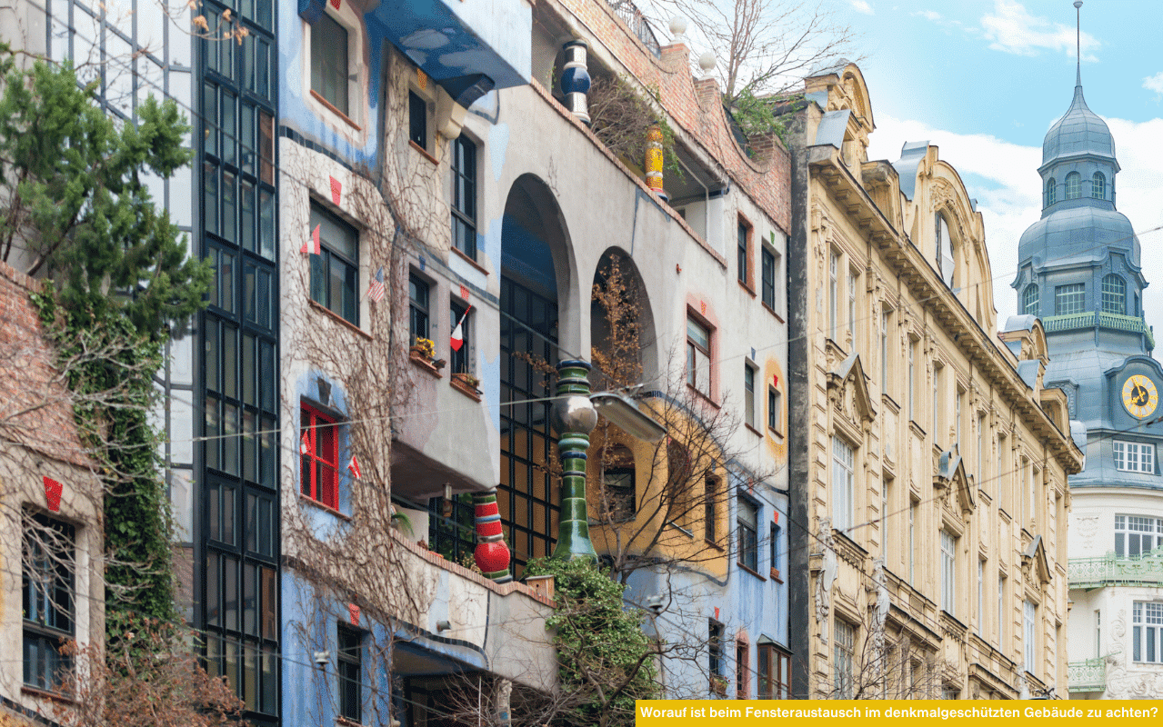 Das Bild zeigt eine historische Stadthausfassade mit bunten, teilweise modernen Fenstern. Es verdeutlicht den sensiblen Umgang beim Fensteraustausch in denkmalgeschützten Gebäuden, um den Charakter zu erhalten.
