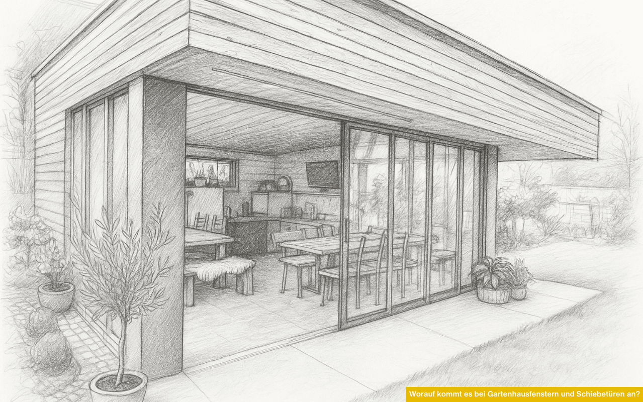 Bleistiftzeichnung eines modernen Gartenhauses mit großen Schiebetüren aus Glas Blick ins Innere mit Sitzgelegenheiten und Pflanzen.
