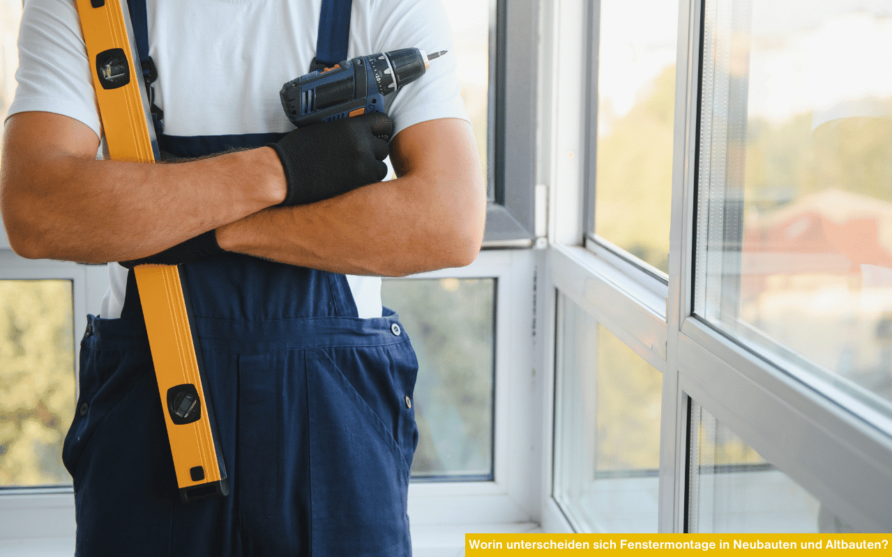 Worin unterscheiden sich Fenstermontage in Neubauten und Altbauten Handwerker mit Wasserwaage und Akkuschrauber bei der Montage neuer Fenster.