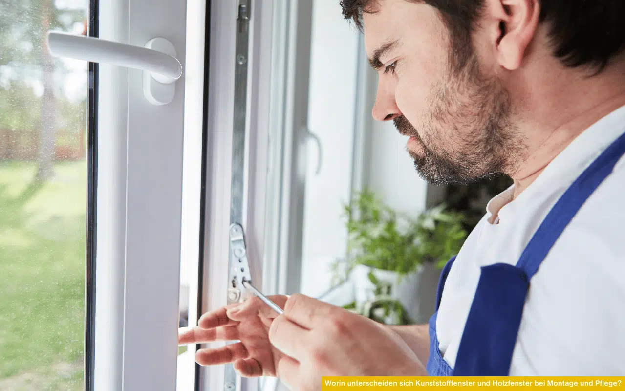 Ein Handwerker in Arbeitskleidung justiert mit einem Werkzeug ein weißes Kunststofffenster.