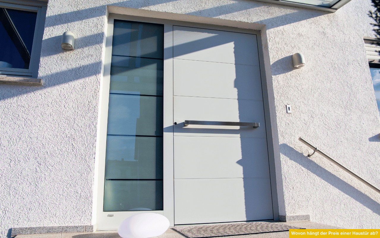 Das Foto zeigt eine moderne weiße Haustür mit seitlichem Glaselement, Edelstahlgriff und klarer Gestaltung an einer hellen Hausfassade.