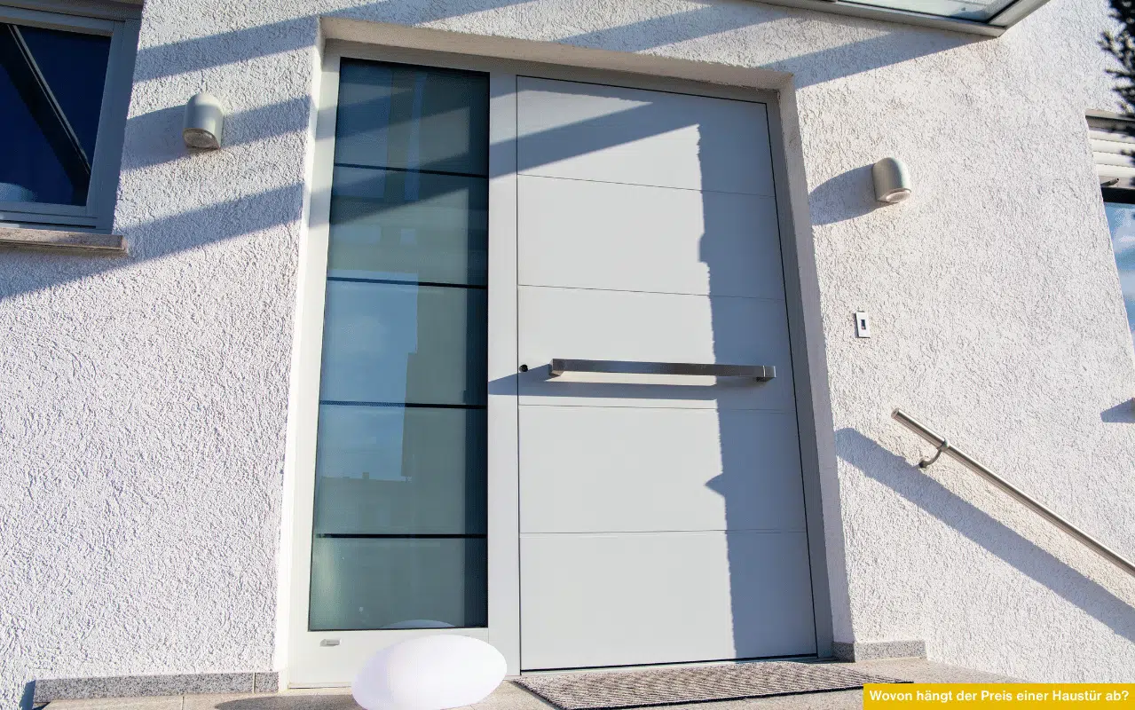 Das Foto zeigt eine moderne weiße Haustür mit seitlichem Glaselement, Edelstahlgriff und klarer Gestaltung an einer hellen Hausfassade.