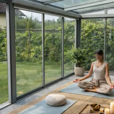 Eine Frau meditiert im hellen Sommergarten aus Glas auf einer Yoga-Matte, umgeben von Pflanzen und Kerzen.