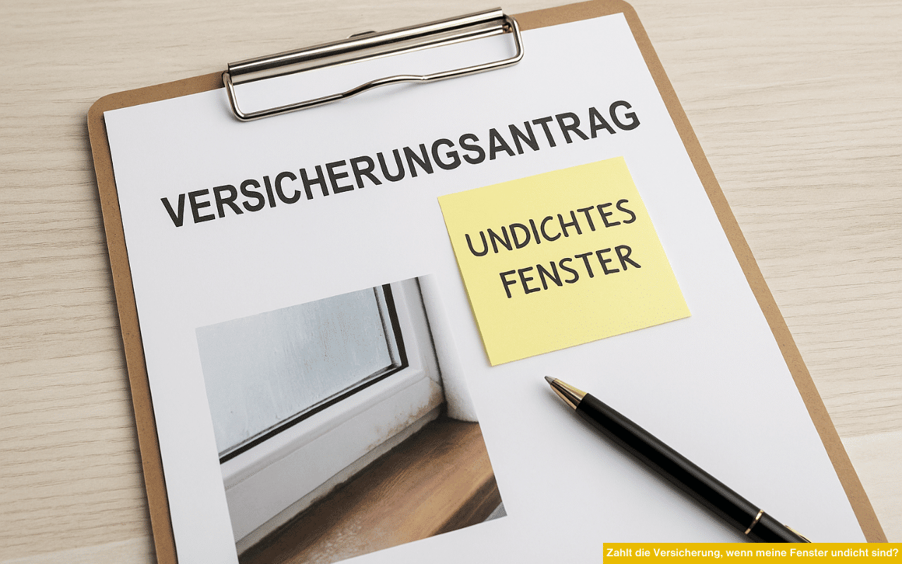 Zahlt die Versicherung, wenn meine Fenster undicht sind? Versicherungsantrag mit Foto von Fenster und Notizzettel undichtes Fenster.
