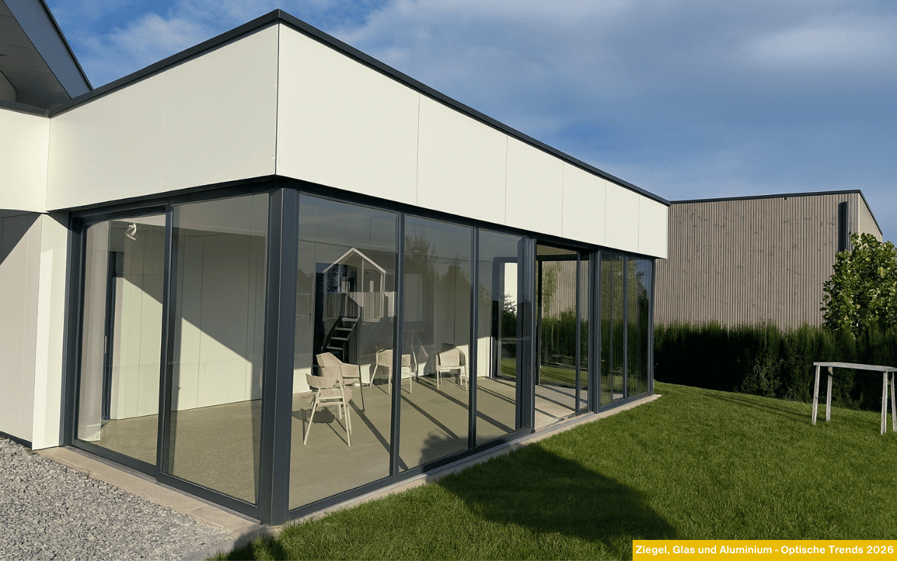 Das Bild zeigt einen modernen Wintergarten mit großflächigen Glasfronten und dunklen Aluminiumrahmen. Die Konstruktion steht auf einer Grünfläche und wirkt durch klare Linien, helle Farben und minimalistisches Design besonders zeitgemäß.