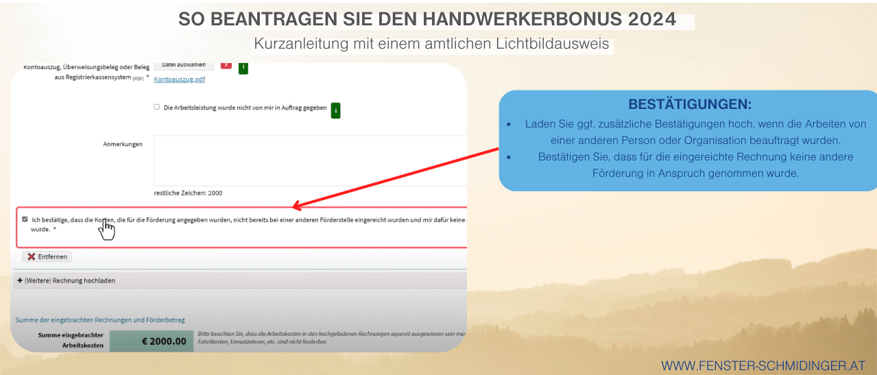 Zusätzliche Bestätigungen hochladen und bestätigen, dass keine andere Förderung genutzt wurde.