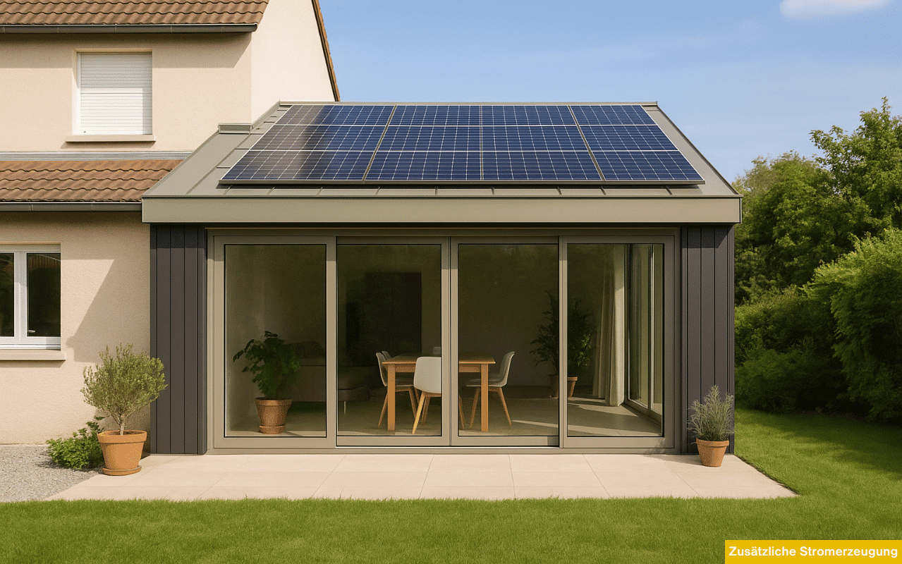 Photovoltaikanlage auf einem festen Dach mit großflächigen Glasfronten zur zusätzlichen Stromerzeugung.