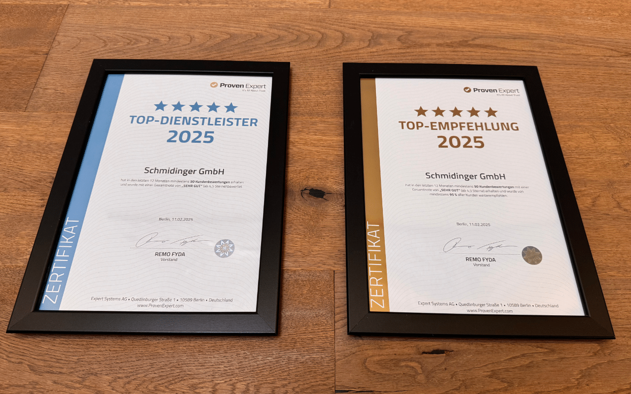 Die doppelte Auszeichnung von Proven Expert unterstreicht die hohe Kundenzufriedenheit mit Fenster-Schmidinger. Das Unternehmen überzeugte durch Qualität, Service und Verlässlichkeit und erhielt 2025 die Siegel „Top-Dienstleister“ und „Vom Kunden empfohlen“.